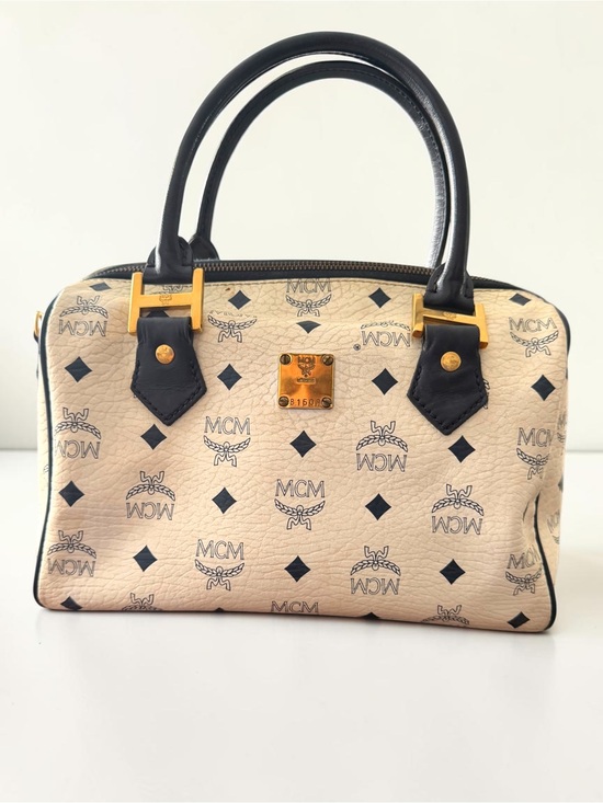 MCM Handbags - MCM Vintage Visetos Boston Satchel Ivory Black Monogram Top Handle Bag